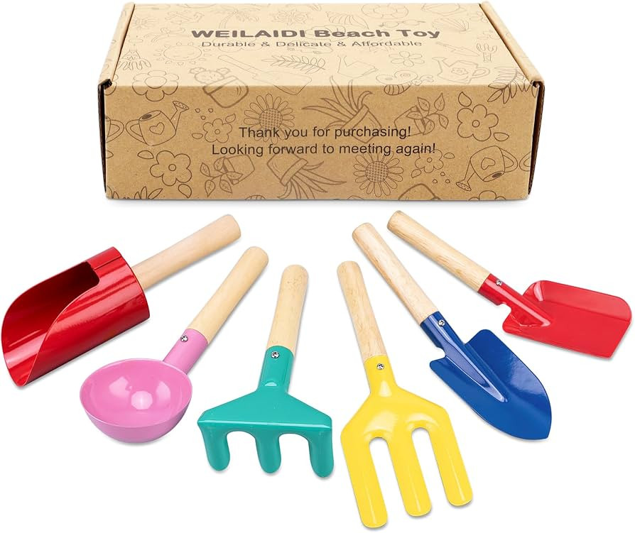 Beach Toys,6 Pcs Children Beach Sand Toys,8'' Kids Gardening Set Metal Garden Tools with Sturdy W... | Amazon (US)