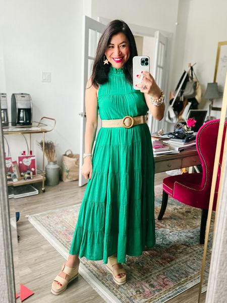 A green maxi dress goes a long way. I always need some structure, so a belt is key. Definitely want to break up the visual lines with my body type. Linking similar dresses and wedge sandals. #gamine #flamboyantgamine #dramaticgamine #hocwinter 