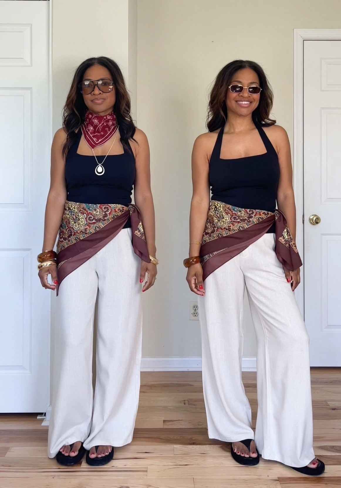I sized up two sizes up to a large in the halter neck because it runs small. I’m wearing a size small or size 4 in the linen pants. Linking similar sandals to mine if mine are not in stock. ￼￼