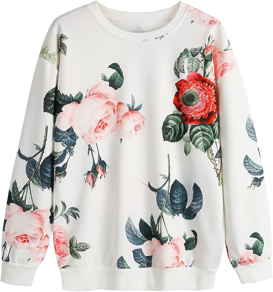 Women Floral Print Crewnecks Sweatshirts Spring Casual Loose Sports Black Pullover Tops | Amazon (US)