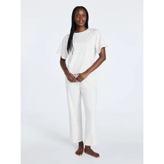 Joyspun Women's French Terry Lounge Sleep Short Sleeve Top and Capri Pants Set, 2 Piece, Sizes XS... | Walmart (US)