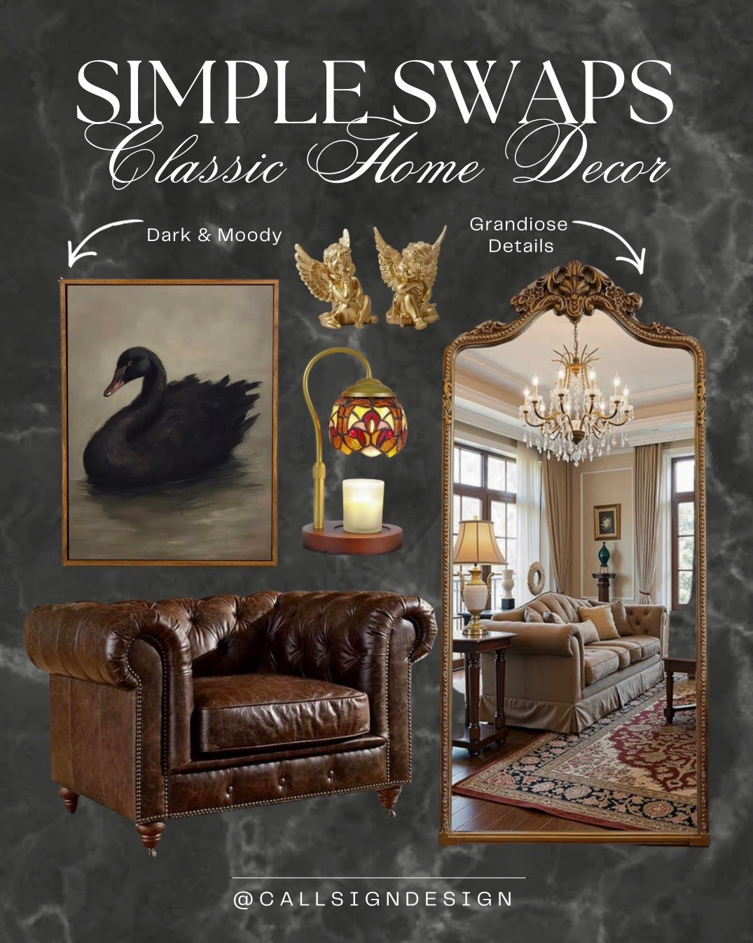 Elevate your space with our baroque lamp and vintage mirror. Perfect for adding a touch of elegance to your home!

#DarkAndMoody  #DesignStyle  #OldWorldCharm #Baroque #Rococó #CastleCore #Vintage #Antique #CallSignDesign