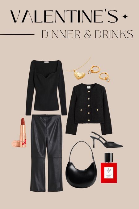 Valentine’s Day outfit ideas - for an evening out with dinner and drinks.

Black boucle jacket, black fitted top (khaite dupe), faux leather straight leg trousers, half moon black handbag (prada dupe), slingback black heels, Jo loves perfume, Charlotte tilbury lipstick, monica vinader gold diamond hoops & heart locket necklace  

#LTKitbag #LTKstyletip #LTKshoecrush