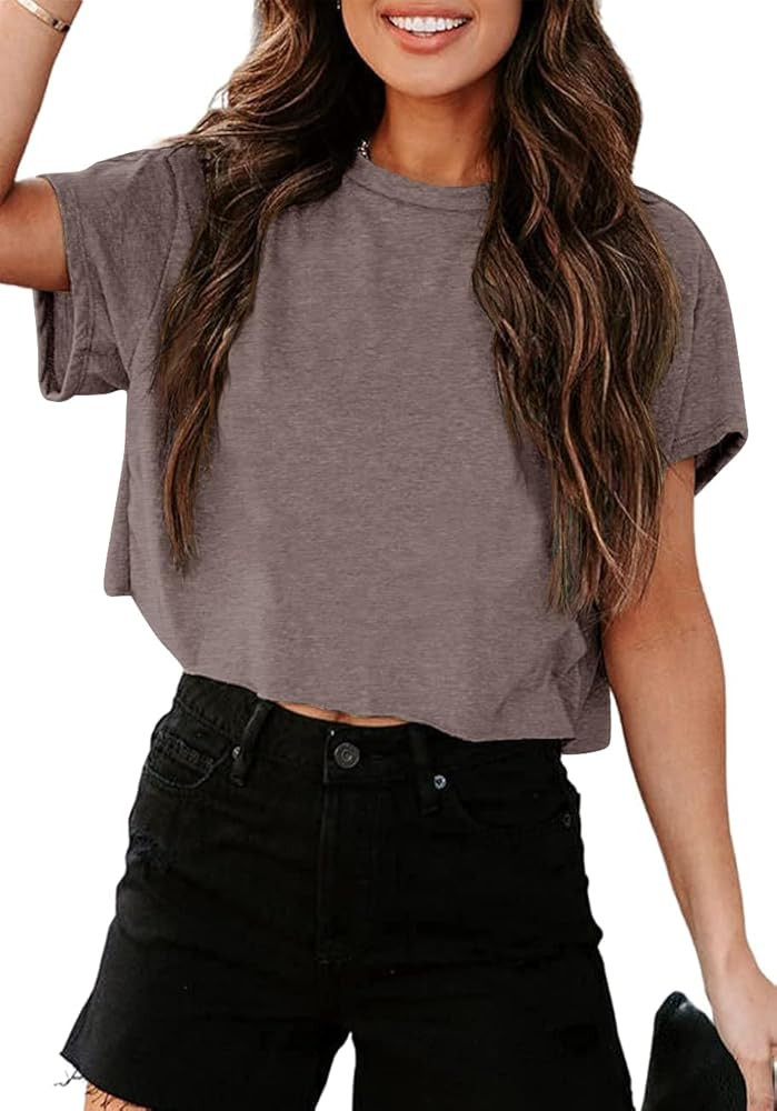 Tankaneo Women Short Sleeve Cropped T-Shirts Crew Neck Loose Crop Tops Summer Casual Drop Shoulde... | Amazon (US)