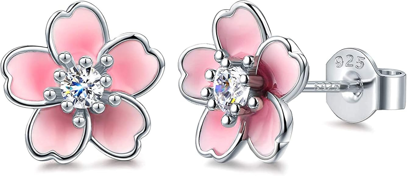 Pink Flower Earrings for Women, 925 Sterling Silver Stud Earrings, Cute Plumeria Earrings For Gir... | Amazon (US)