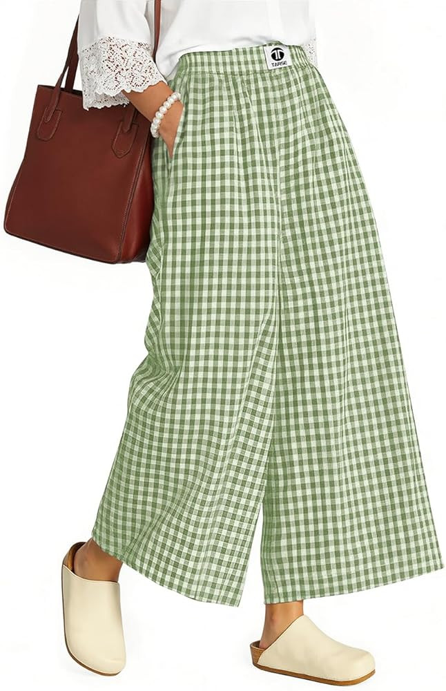 TARSE Womens Gingham Wide Leg Cropped Pants Casual Loose Plaid Culottes Elastic Waist Palazzo Pan... | Amazon (US)