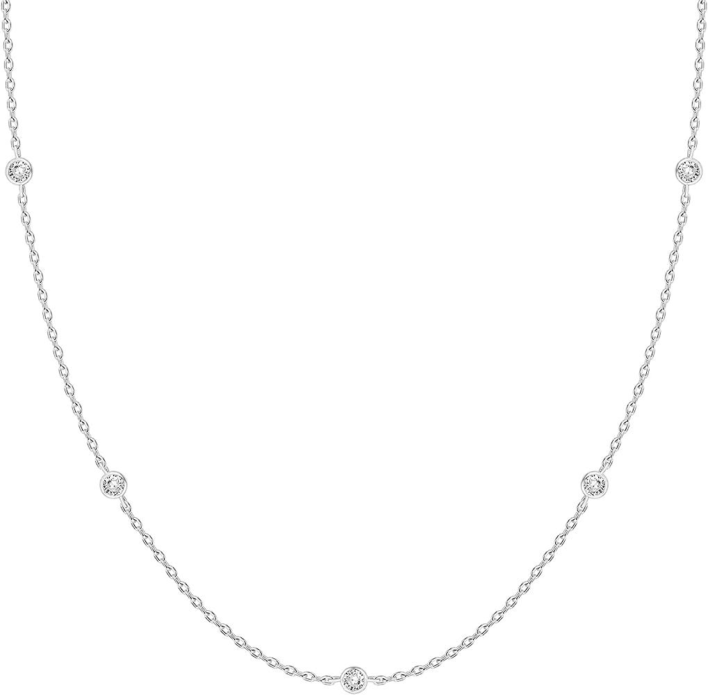 PAVOI 14K White Gold Plated Station Necklace | Simulated Diamond BTY Necklace | Womens CZ Chain N... | Amazon (US)
