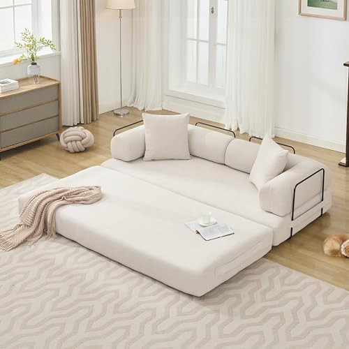 ZEIINPA Convertible Sleeper Sofa Bed with Cylindrical Pillow, Corduroy Folding Mattress Couch with Fixed-Shape Frame, Floor Sofa Lounge Couch for Living Room Bedroom Lounge Studio, Beige | Amazon (US)