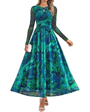 ZESICA Women's Maxi Dress 2025 Fall Long Sleeve Crewneck Floral Print Mesh Ruched Party Wedding G... | Amazon (US)