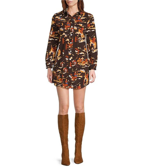 Reba Rodeo Cowboy Print Point Collar Long Sleeve Shirt Dress | Dillard's | Dillard's
