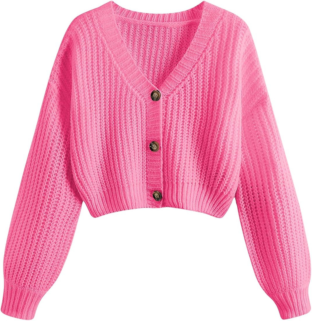 GORGLITTER Women's Button Up Cropped Cardigan Sweaters Chunky Long Sleeve V Neck Fall Coquette Ca... | Amazon (US)