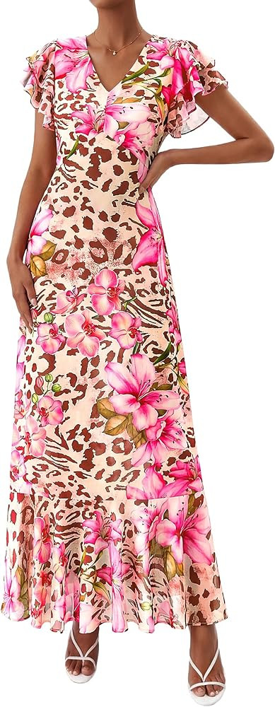 PRETTYGARDEN Womens Summer Floral Maxi Dresses 2026 Spring Short Sleeve Ruffle V Neck Flowy Boho ... | Amazon (US)