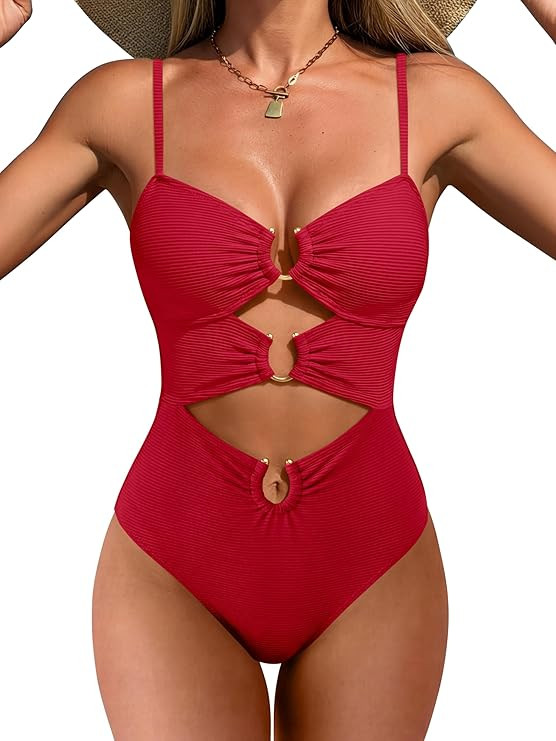 ANRABESS Women One Piece Swimsuits Sexy Cutout Full Coverage Bathing Suit Ring Link Ruched Monoki... | Amazon (US)