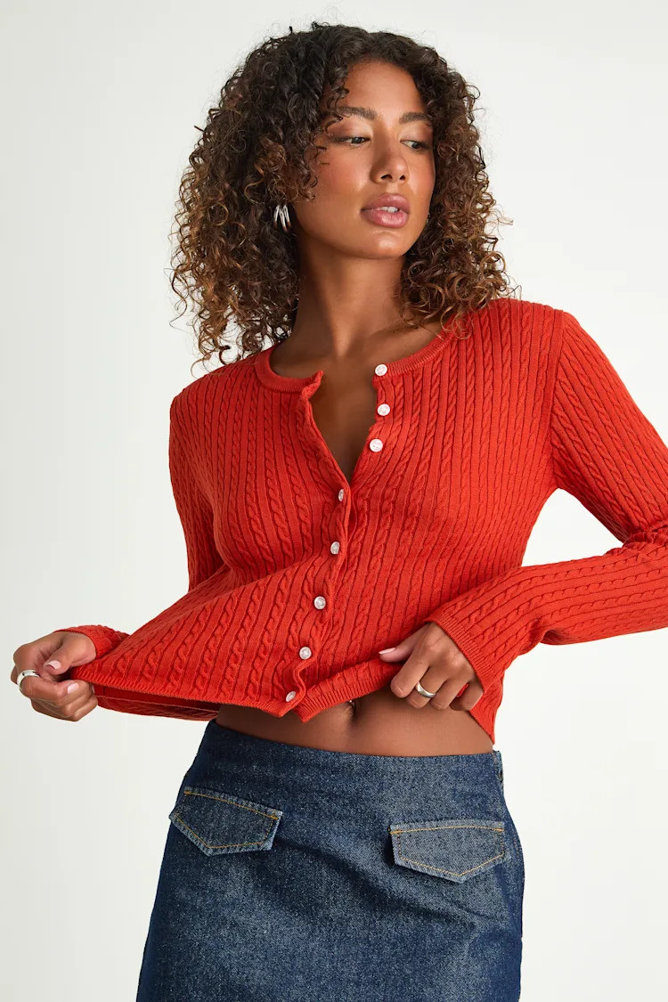 Marylu Bright Red Cable Knit Cardigan Sweater Top | Lulus