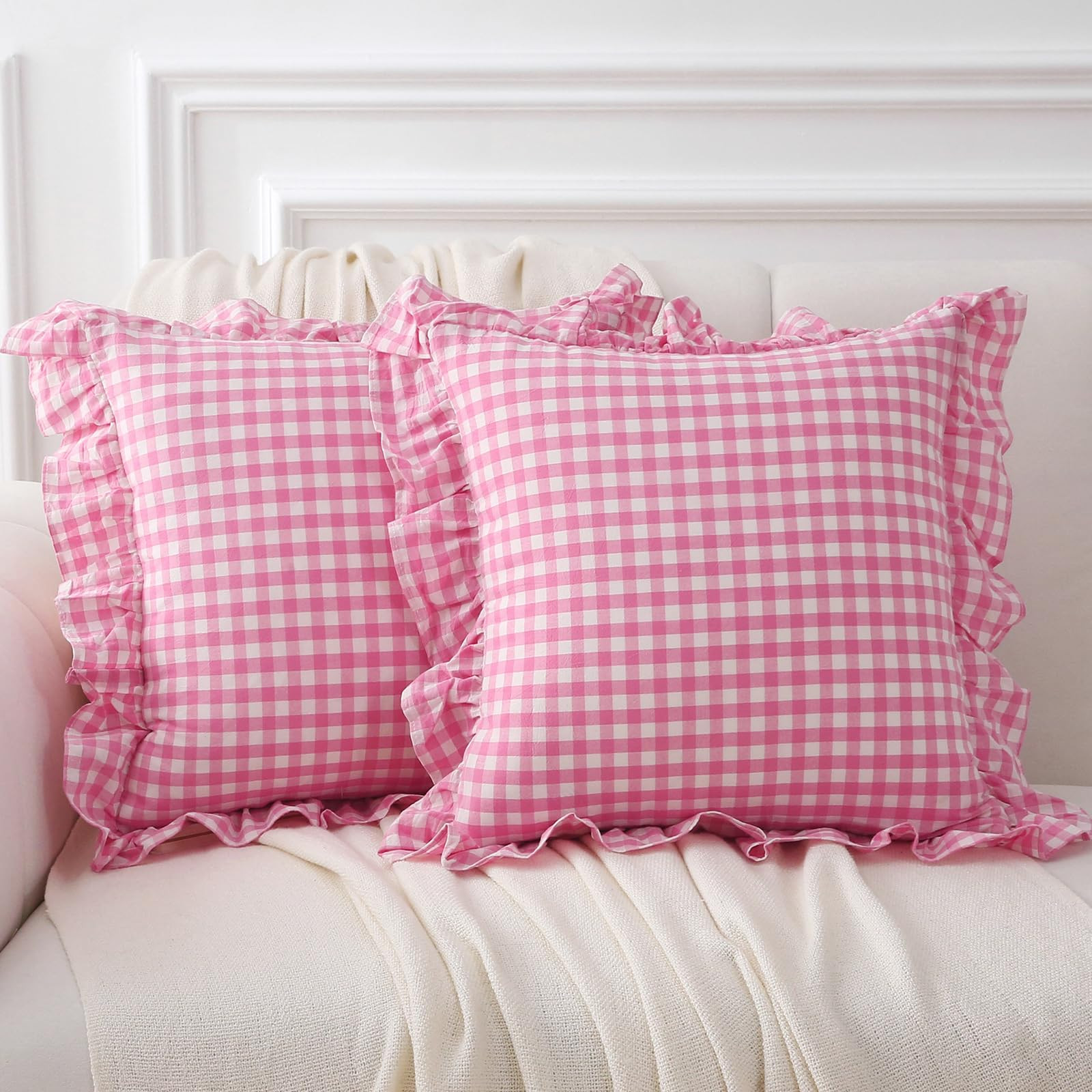 2 Pack Pink White Plaid Ruffle Gingham Throw Pillow Covers 18x18 inches, 100% Washed Cotton Buffa... | Amazon (US)