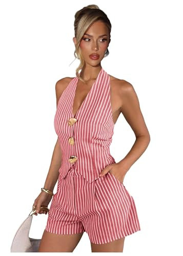 kangsitp Seersucker Tops Shorts Set 2 Piece Red Summer Outfits for Women Striped Beach Sexy Sleeveless Halter Womens Summer Outfits Size Small | Amazon (US)