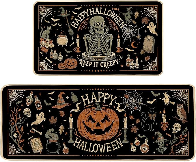 Baccessor Halloween Kitchen Rugs Set of 2, Vintage Skeleton Witch Black Kitchen Mats Low-Profile ... | Amazon (US)