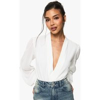 boohoo Women's Wrap Chiffon Sleeve Bodysuit in White | Size: 12 | Chiffon/Polyurethane/Down | boohoo (US & Canada)