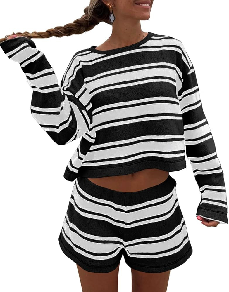 Langwyqu Womens Striped Pajama Sets Long Sleeve Crewneck Sweater Top and Shorts 2 Piece Outfits L... | Amazon (US)