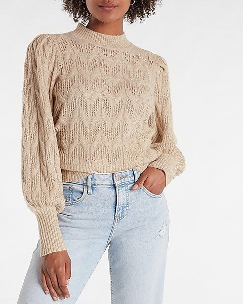 Metallic Open Stitch Balloon Sleeve Mock Neck Sweater | Express