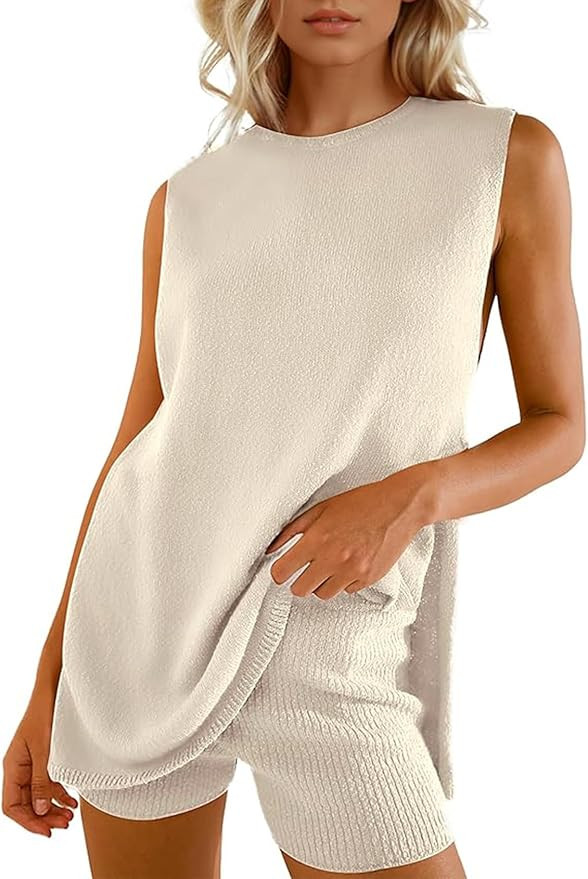 Women's Summer Sweater Set Sleeveless Tunic Top and Shorts 2 Piece Outfits Beach Vacation Sets Tr... | Amazon (US)