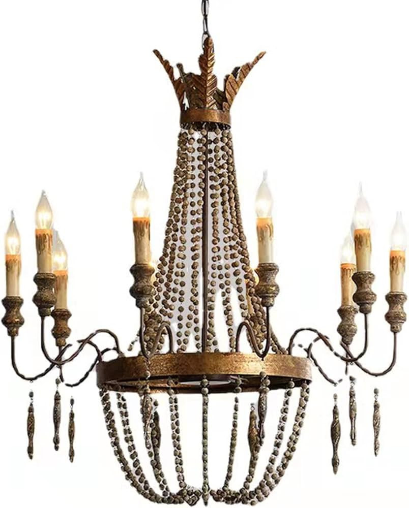 Demeanor LED Chandeliers, French Wooden Bead Chandelier, Industrial Style Wrought Iron Candle Pendent, Country Duplex Droplight,for Bedroom, Entryway, Dining Room, Girls Room, Foyer | Amazon (US)