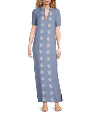 x Palm Beach Lately Embroidered Shell Mandarin V-Neck Short Sleeve Caftan Maxi Dress | Dillard's
