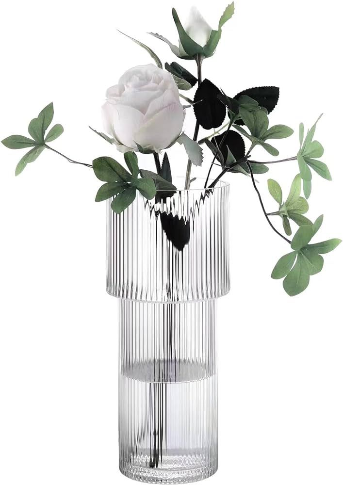 Dinyeo Modern Ribbed Glass Vase for Flower Cylinder Clear Fluted Vase for Home Bathroom Centerpie... | Amazon (US)