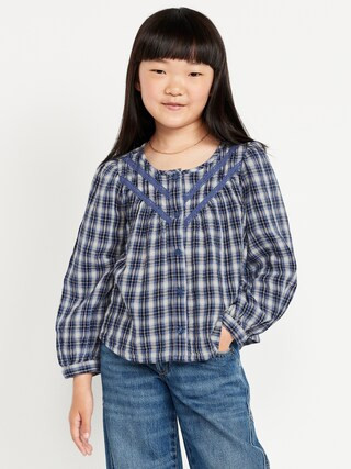 Long-Sleeve Plaid Lace Trim Button-Front Top for Girls | Old Navy (US)