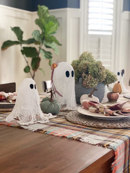 Remember when blanket scarves were all the rave?! Have you ever thought to use one in your tablescape?! This is a hack I’ve done for a few years now and love how I can still make use of them.  Included in this years tablescape are the DIY ghosts, a few pumpkins and a fall candle. 

#LTKHalloween #LTKSeasonal #LTKhome