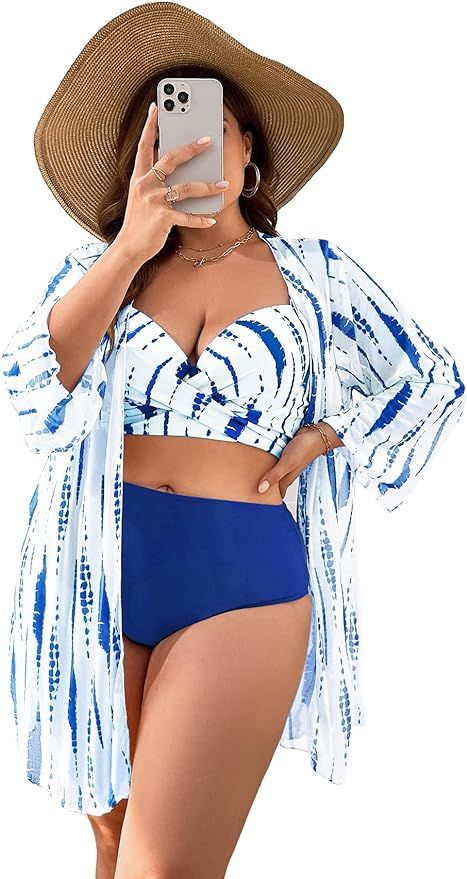 MakeMeChic Women's Plus Size 3 Piece Bathing Suits Tie Dye Push Up High Waisted Bikini Swimsuit w... | Amazon (US)