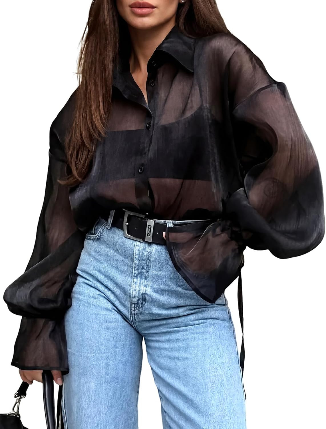 Wyeysyt Sheer Tops for Women Shiny Mesh Top Sheer Blouse | Amazon (US)