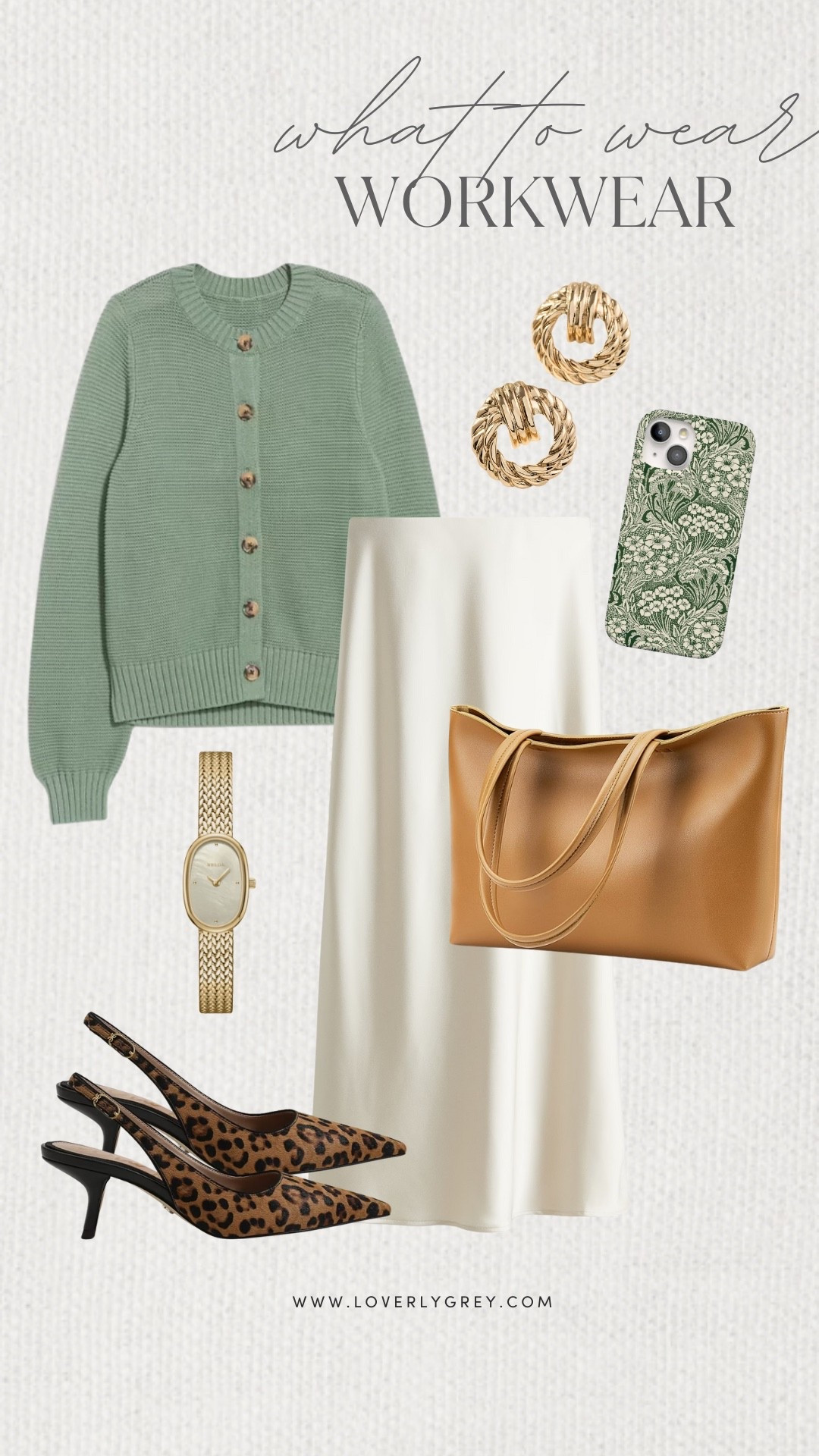 Loverly Grey, what to wear to work! A simple green cardigan paired with a satin white skirt from Amazon! Grab a tote bag to fit your things, add a small heel, and gold jewelry to complete the look. Loverly Grey, what to wear, workwear 

#LTKootd #LTKWorkwear #LTKgrwm