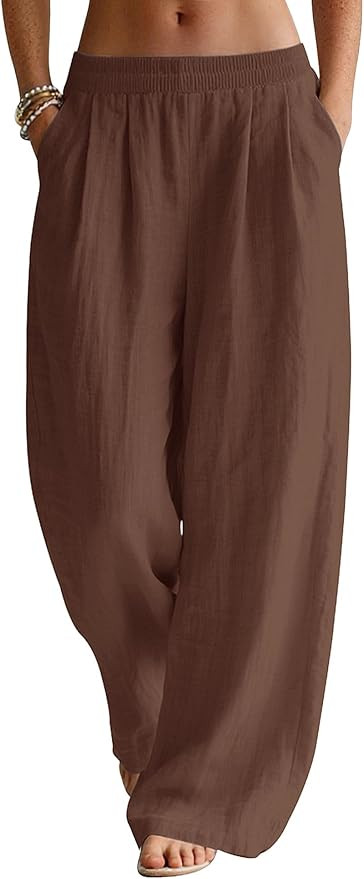 LOMON Linen Pants Women Wide Leg Palazzo Summer Flowy Pants Beach Vacation Clothes Elastic Waist ... | Amazon (US)