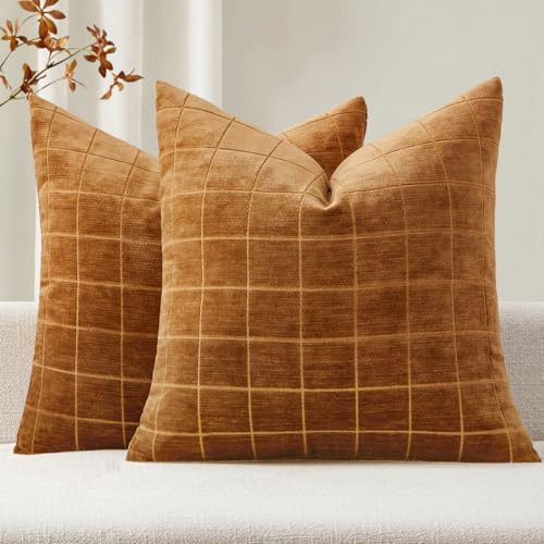 MIULEE Bronze Plaid Decorative Fall Throw Pillow Covers 18x18 Set of 2 | Amazon (US)