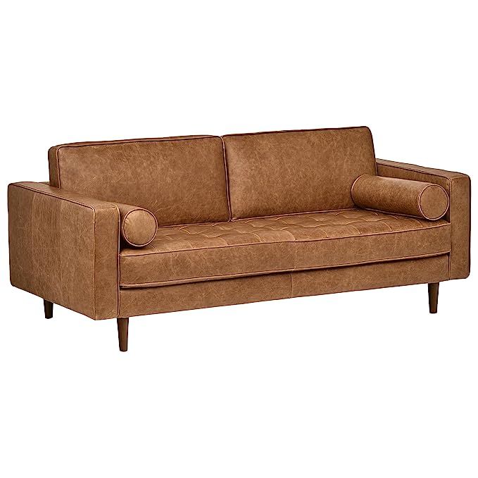 Rivet Aiden Tufted Mid-Century Leather Bench Seat Sofa, 74"W, Cognac | Amazon (US)