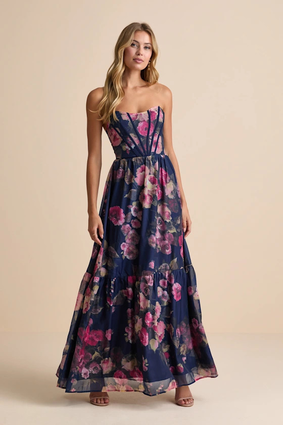 Roane Navy Floral Organza Bustier Maxi Dress | Lulus