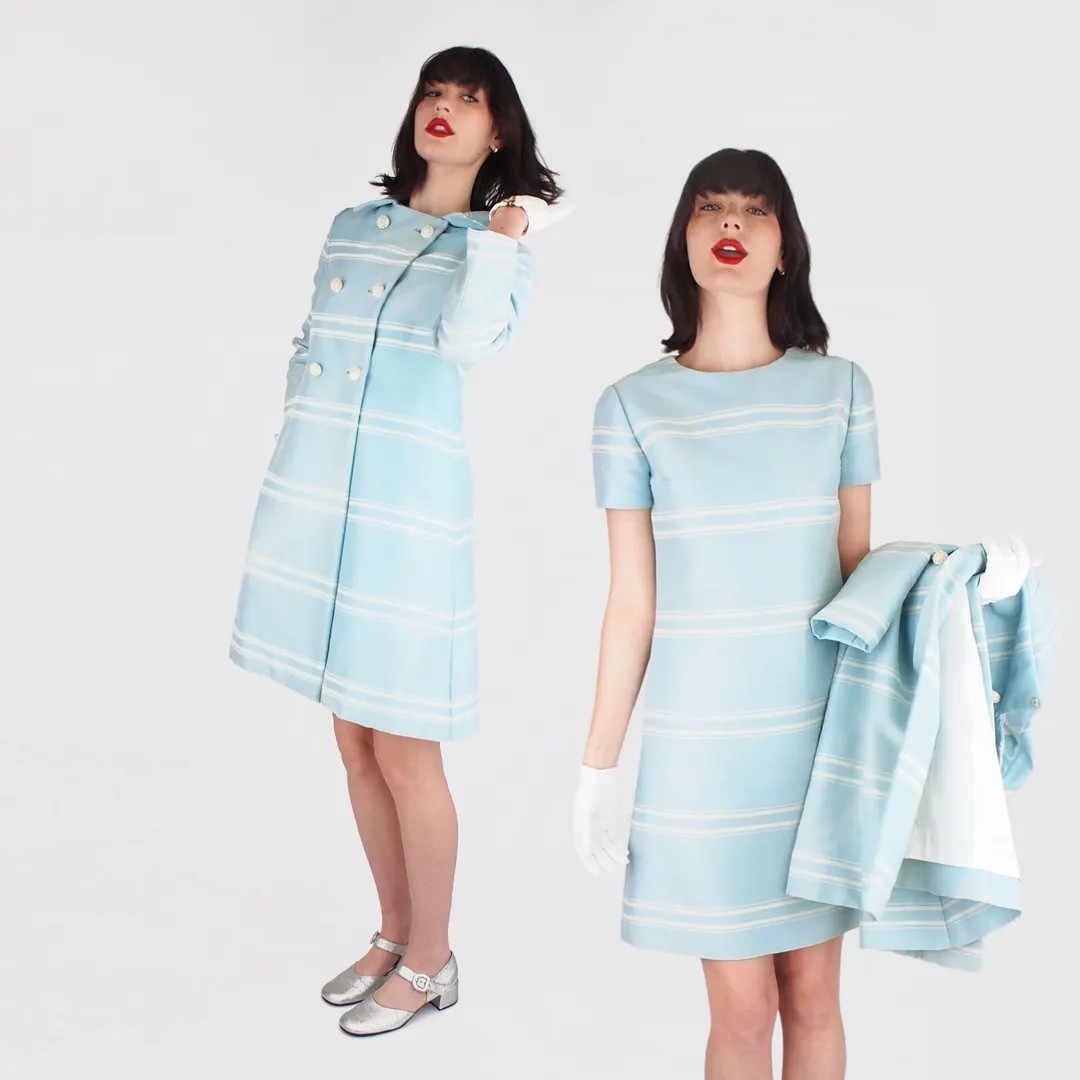 1960s I. Magnin Coat & Dress Set in Light Blue Alaskine Wool + Silk – Mod Stripes, Crystal Butt... | Etsy (Global)