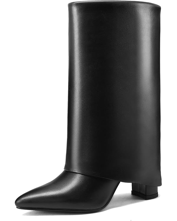 Vaslemuse Women's Mid-Calf Boots Fold Over Chunky Heel Pointed Toe Slouch Riding Boots | Amazon (US)