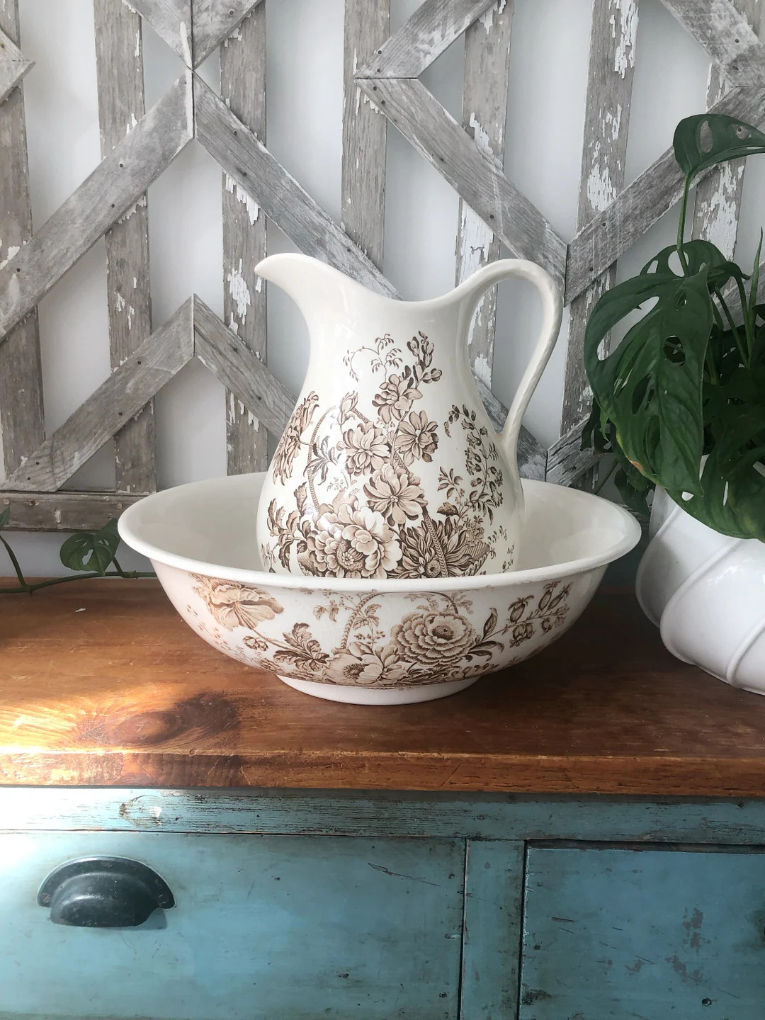 TRANSFERWARE PITCHER +BOWL Set  • Royal Staffordshire “Charlotte” Pattern • English Bursl... | Etsy (US)