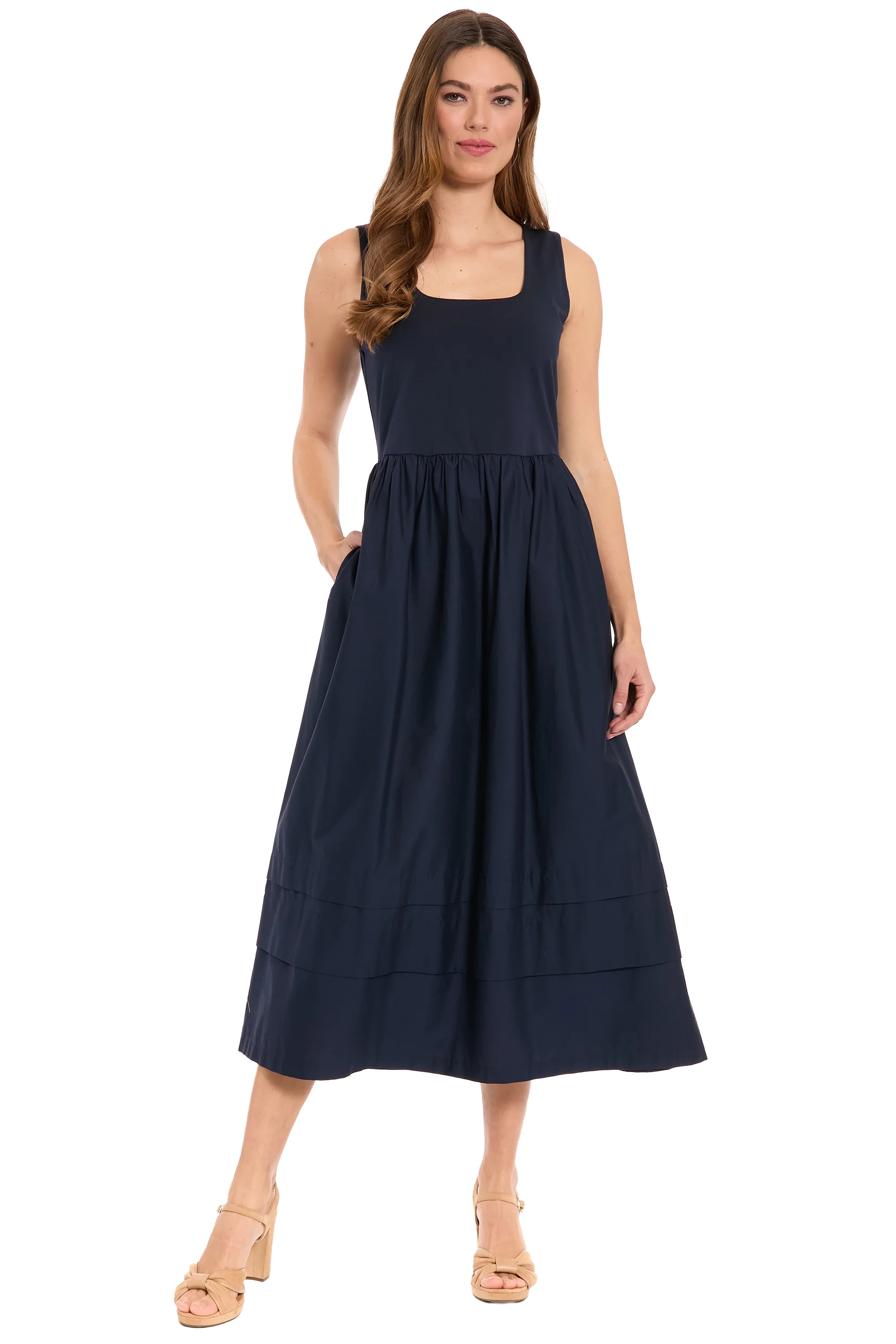Carin Square Neck Linen Two-Fer Midi A-Line Sleeveless | London Times | Maggy London
