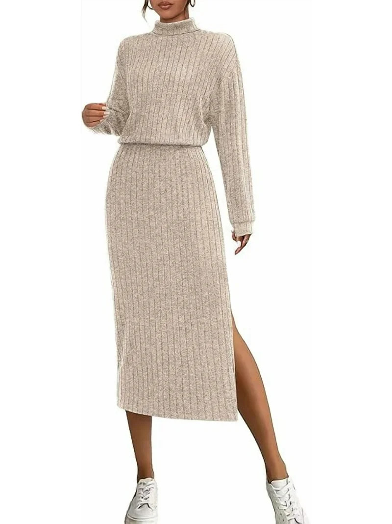 PRETTYGARDEN Turtle Neck Dresses for Women Fall Knit Outfits Slit Elastic Waist Long Sleeve Bodyc... | Walmart (US)