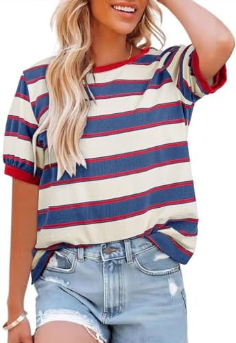 Womens Tops Cotton Casual Color Block Striped Short Sleeve Shirts Crewneck T Shirts Loose Basic T... | Amazon (US)