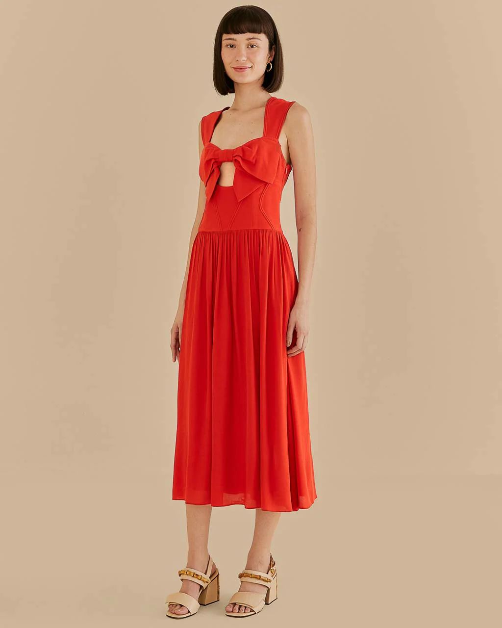 Red Bow Detail Sleeveless Midi Dress | ban.do