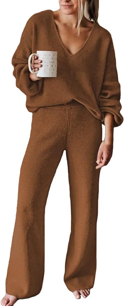 Linsery Women 2 Piece Outfits V Neck Sweater Wide Leg Sweatsuit Rib Knit Lounge Sets Leisure Wear | Amazon (US)