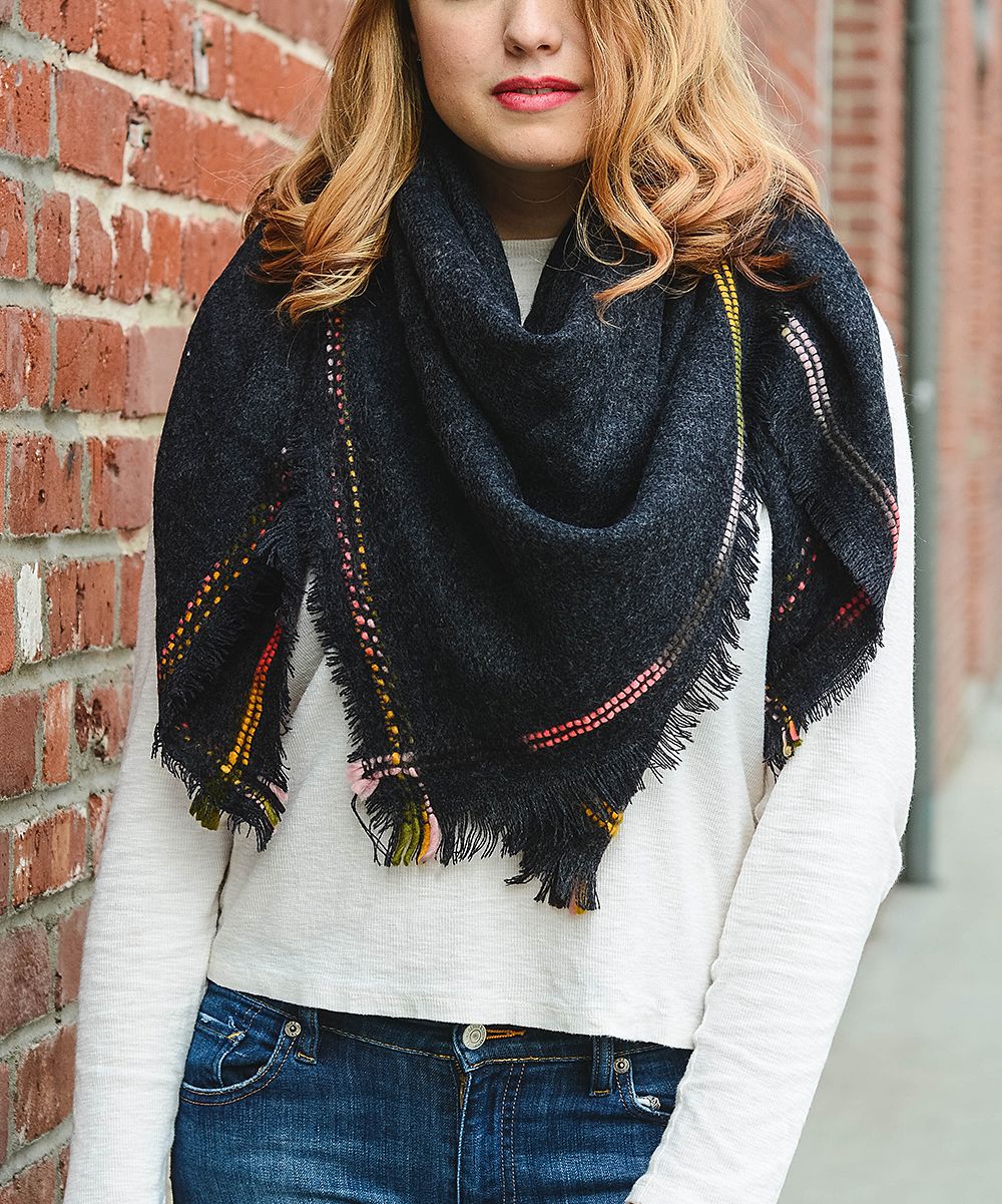 Leto Collection Women's Cold Weather Scarves Charcoal - Charcoal Fringe-Accent Blanket Scarf | Zulily