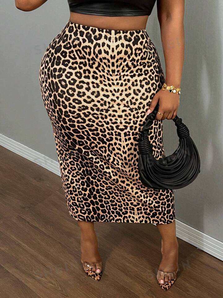 SHEIN CURVE+ Curve Plus Size Casual Leopard Print Tight-Fitting Hip Package Mid-Length Skirt | SHEIN