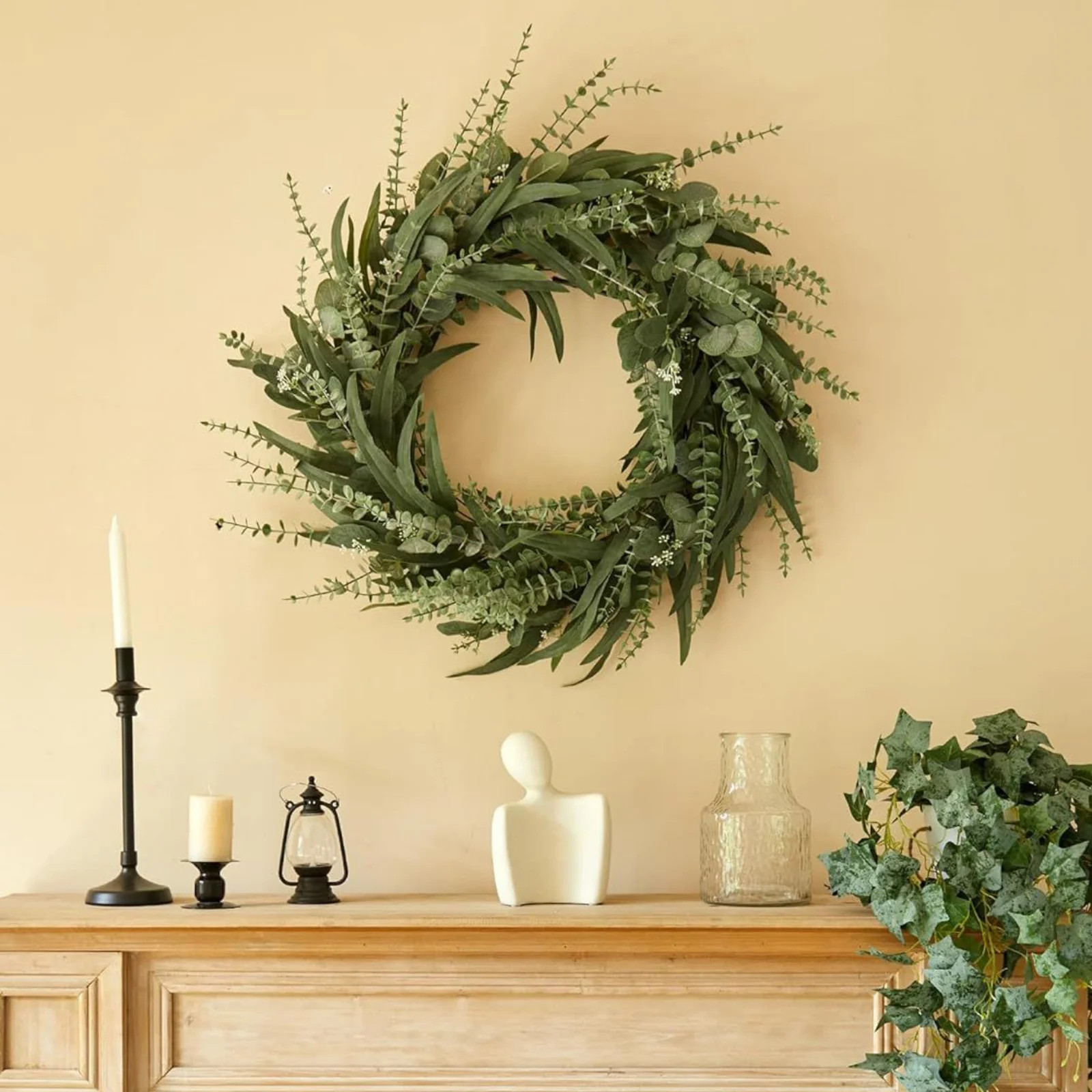 24" Eucalyptus Wreath for Front Door - Large Artificial Greenery Outdoor Wreath for Porch, Window... | Walmart (US)