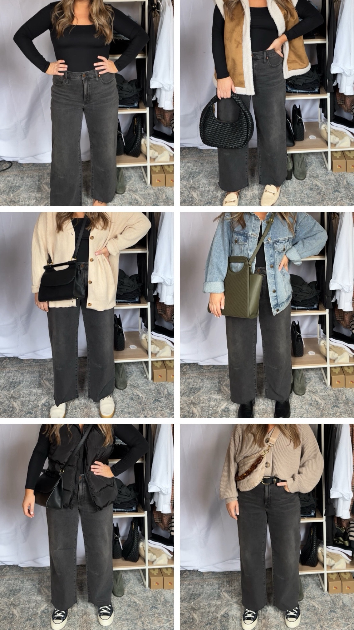 Everything linked below

Jeans- stretchy: if in between size down one

all sweaters true to size

Black vest- i sized up one for oversized look

Sherpa faux suede vest- i sized up one for oversized look

H&m one old-  linked this years cotton version

Bags coming soon to hazel tide & jean jacket is at  hazeltide.com