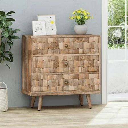 Noble House Lada Mid-Century Modern Handcrafted Mango Wood 3 Drawer Chest Natural | Walmart (US)